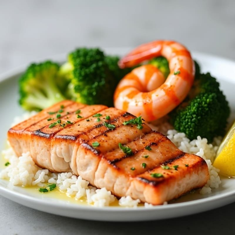 Grilled Salmon Fillet with Steamed Rice and Roasted Broccoli