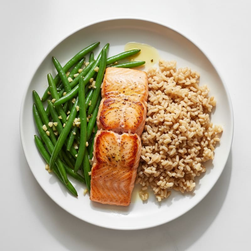 Seared Salmon with Garlic Green Beans and Brown Rice