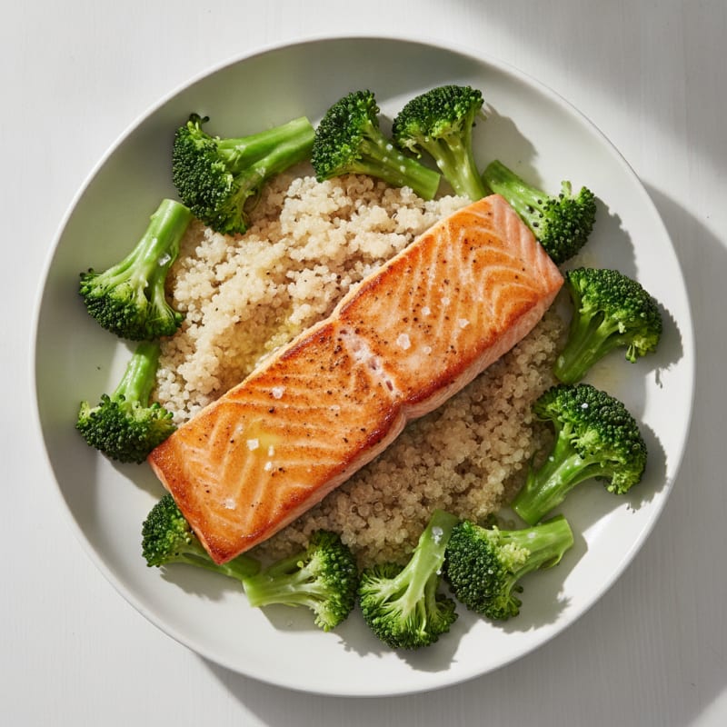 Seared Salmon Fillet with Steamed Broccoli and Quinoa