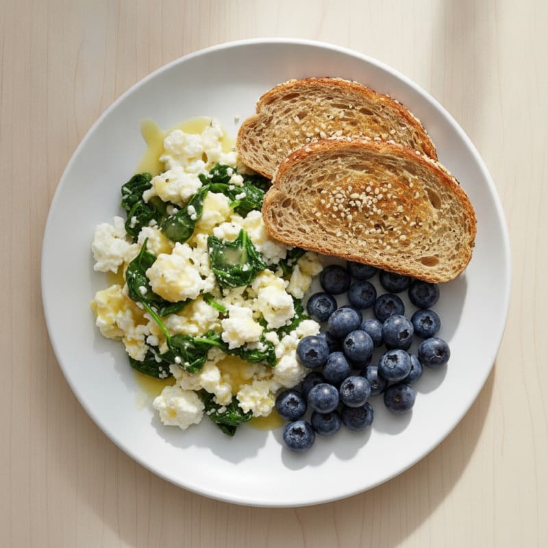 Egg White Spinach Scramble with Cottage Cheese and Fresh Berries