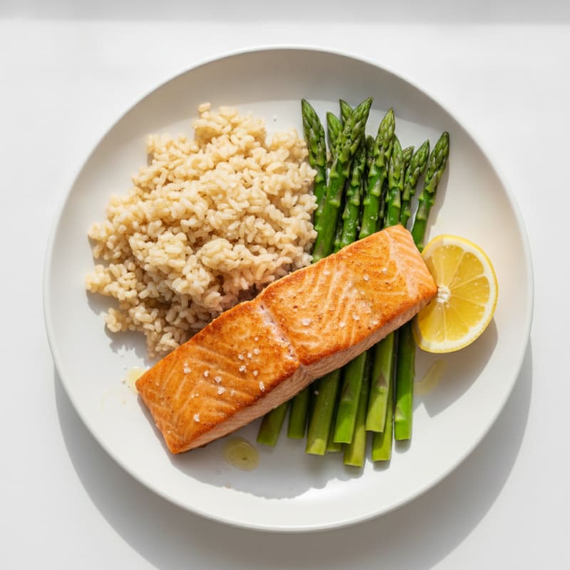 Seared Salmon Fillet with Steamed Asparagus and Brown Rice