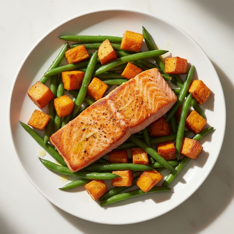 Seared Salmon with Roasted Sweet Potato and Green Beans