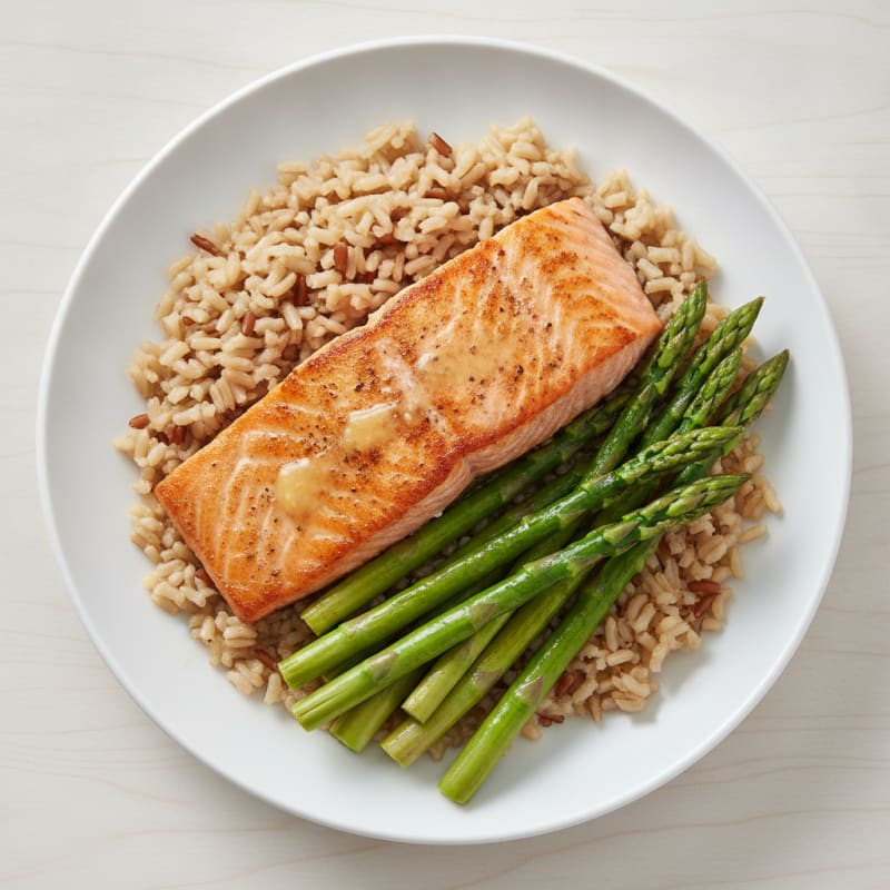Seared Salmon Fillet with Steamed Asparagus and Brown Rice