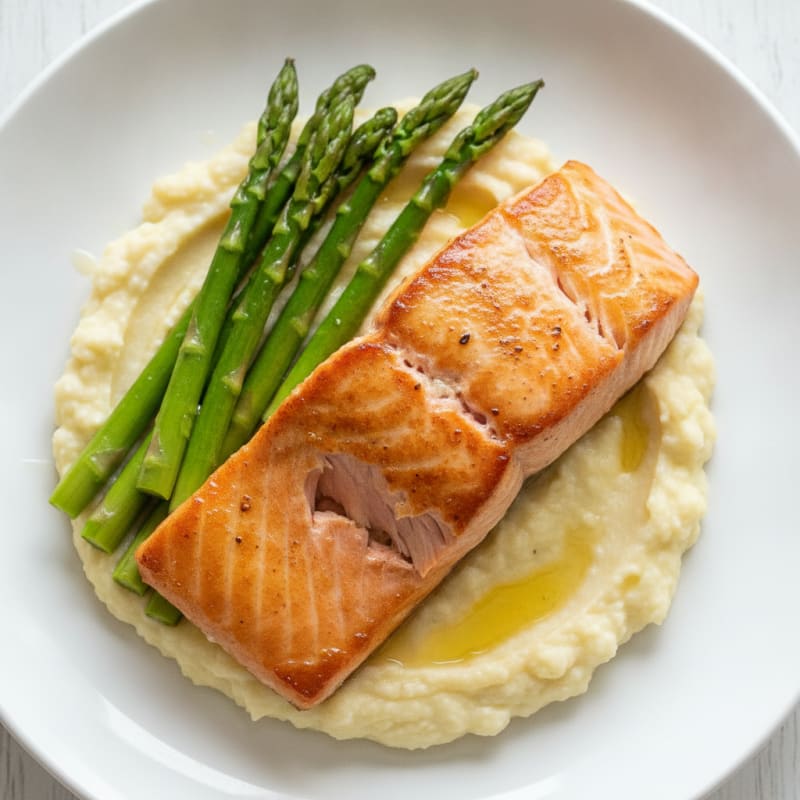 Seared Salmon with Steamed Asparagus and Cauliflower Mash