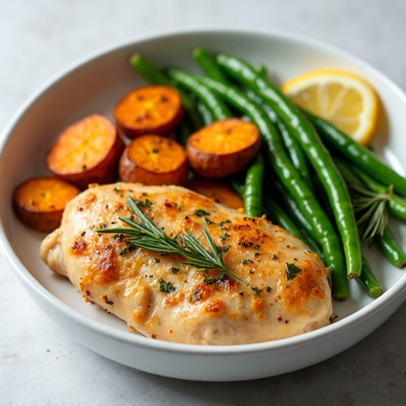 Lemon Herb Roasted Chicken with Crispy Roasted Sweet Potatoes and Green Beans