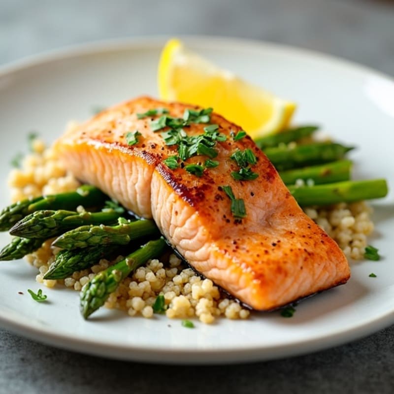 Seared Salmon with Steamed Asparagus and Lemon