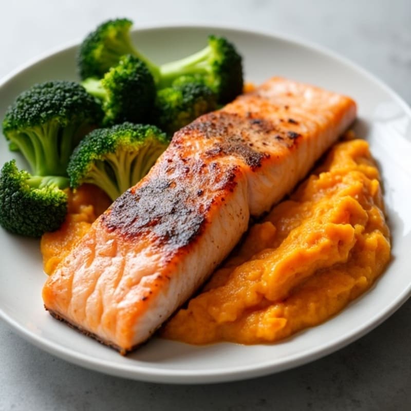 Seared Salmon with Roasted Broccoli and Sweet Potato Mash