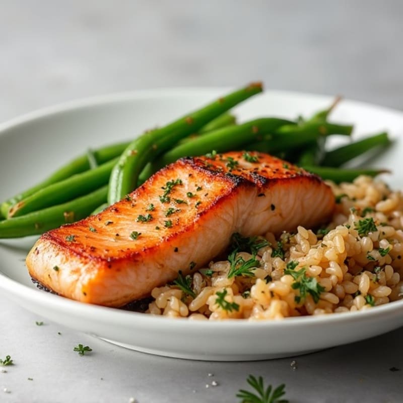 Seared Salmon with Garlic Green Beans and Brown Rice