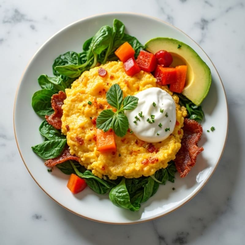 Crispy Turkey Bacon and Spinach Egg White Scramble with Cottage Cheese
