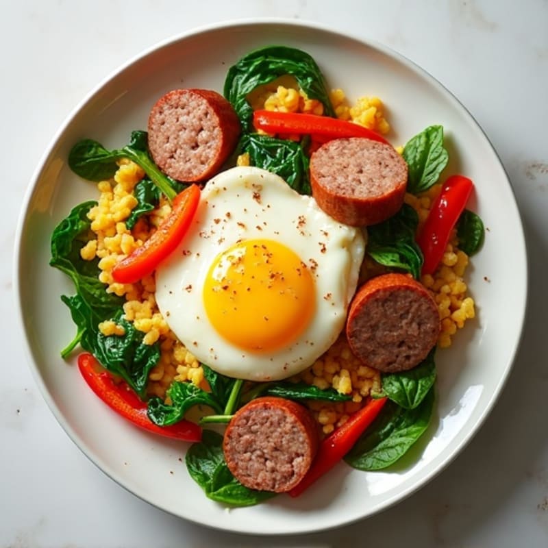 Egg White and Turkey Sausage Scramble with Spinach and Bell Peppers