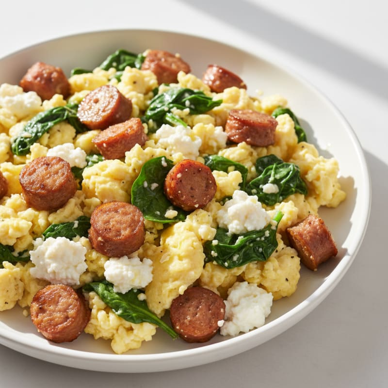 Cottage Cheese Scramble with Turkey Sausage and Spinach