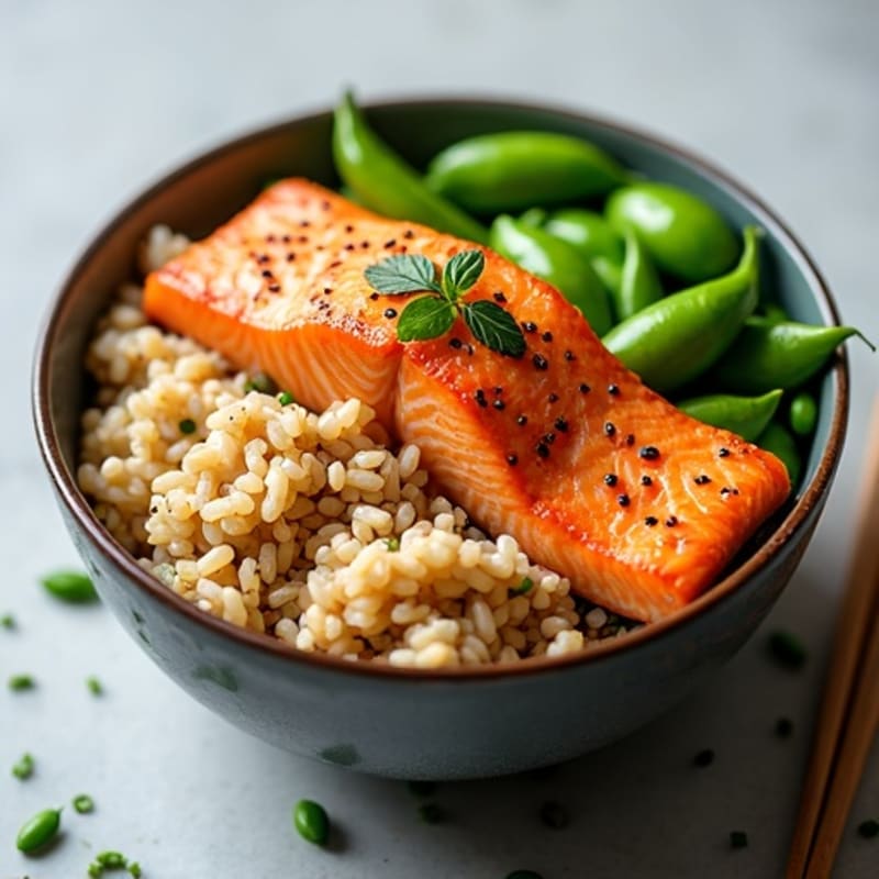 Seared Salmon with Ginger-Sesame Brown Rice and Fresh Edamame Bowl
