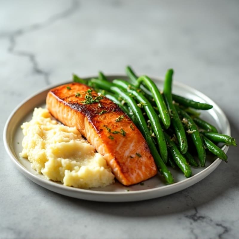 Seared Salmon with Steamed Green Beans and Garlic Mashed Potatoes