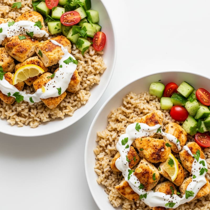 Crispy Lemon-Herb Chicken Shawarma Bowls