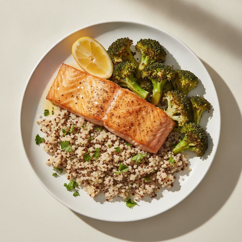 Seared Salmon with Roasted Broccoli and Quinoa