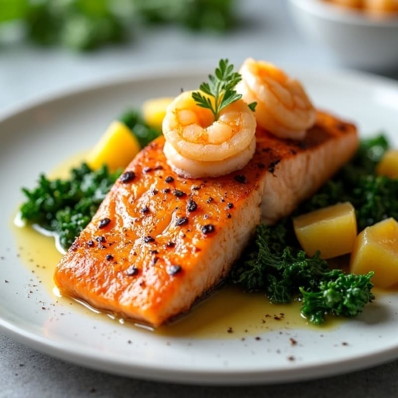 Seared Salmon with Roasted Shrimp and Steamed Kale