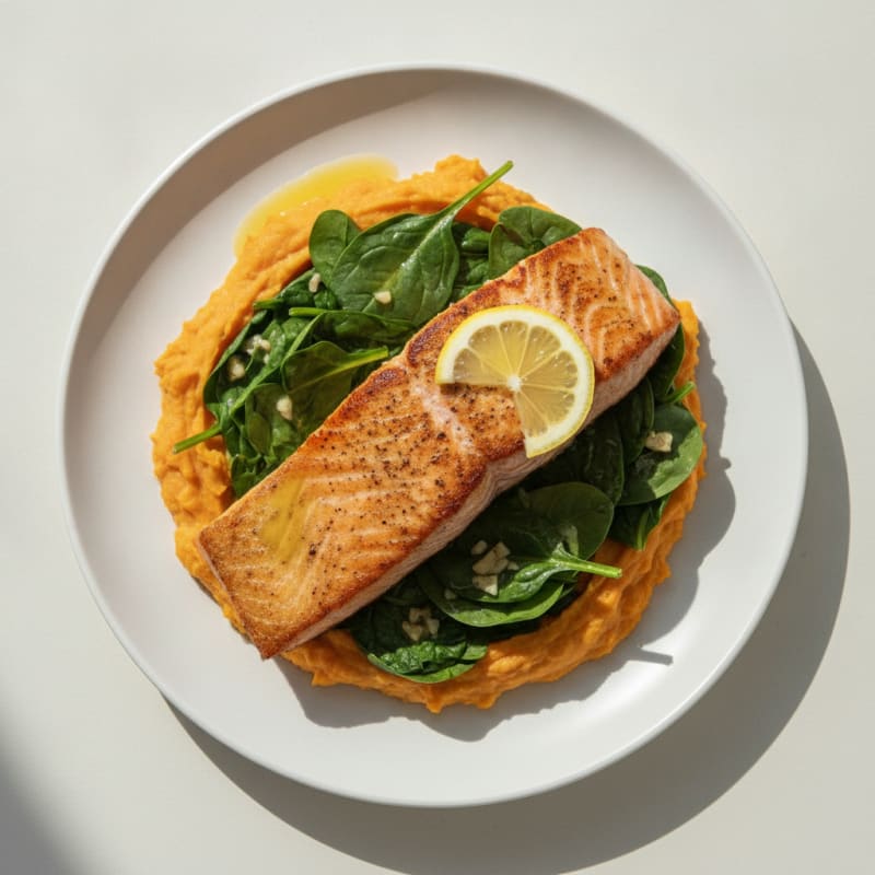 Seared Salmon with Garlic Spinach and Sweet Potato Mash