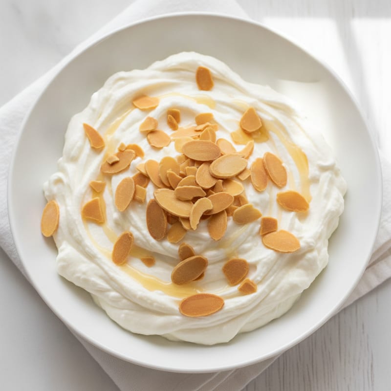Silky Vanilla Greek Yogurt with Protein Powder and Almond Slices