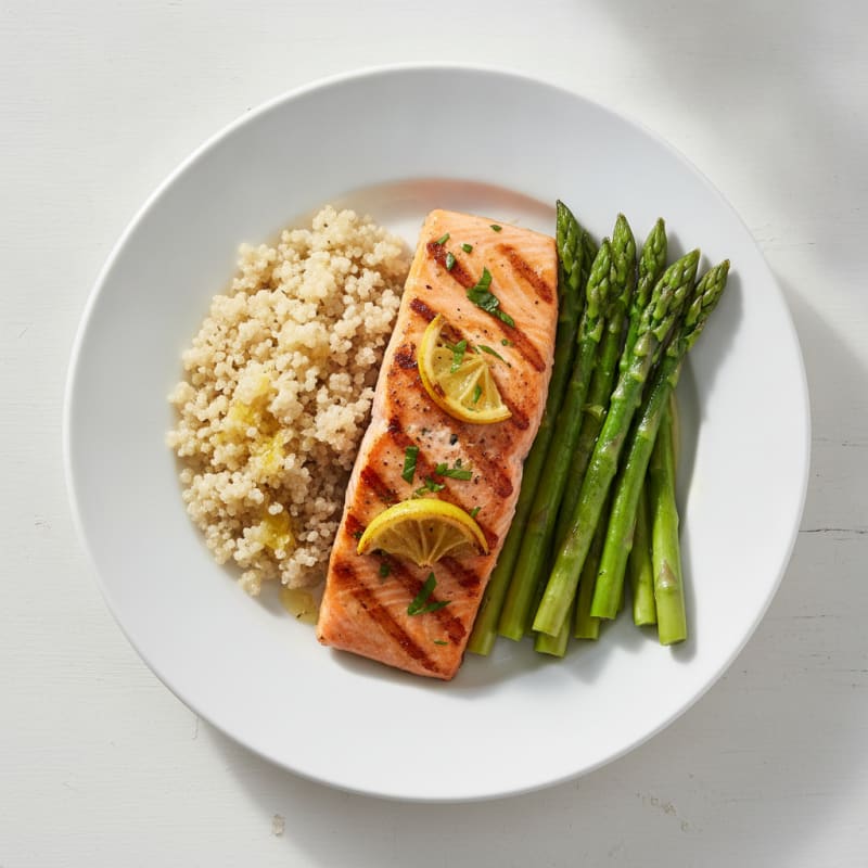 Grilled Salmon Fillet with Steamed Asparagus and Quinoa