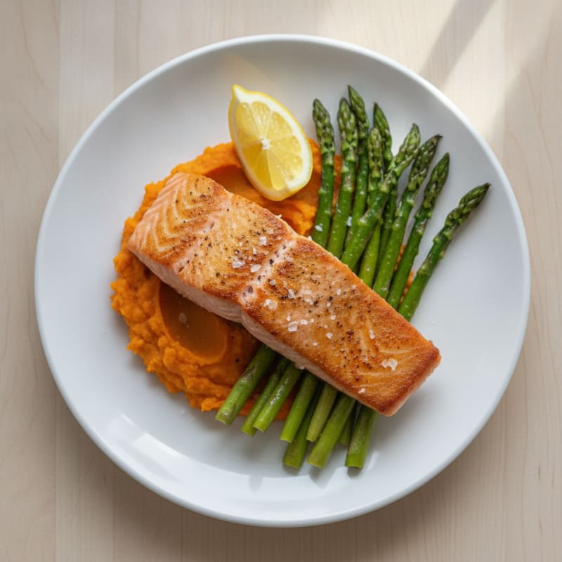 Seared Salmon with Roasted Asparagus and Sweet Potato Mash