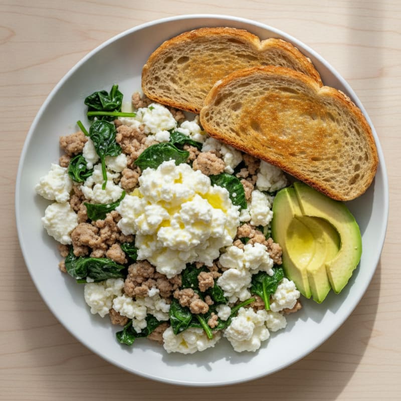 Egg White and Turkey Spinach Scramble with Cottage Cheese