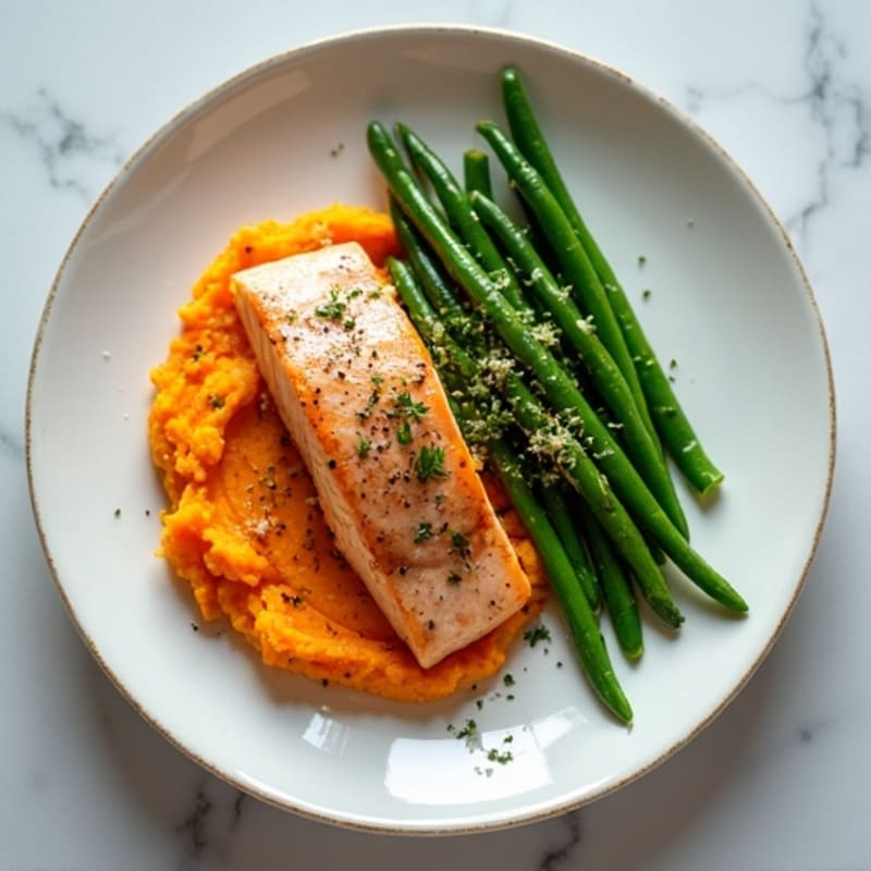 Seared Salmon with Garlic Green Beans and Sweet Potato Mash