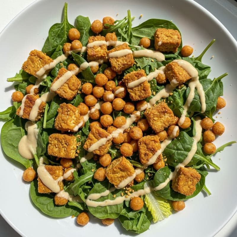Crispy Tempeh Salad with Chickpeas and Tahini Dressing