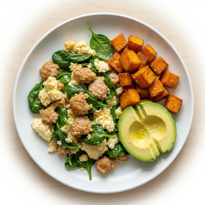 Egg White and Turkey Sausage Scramble with Baby Spinach
