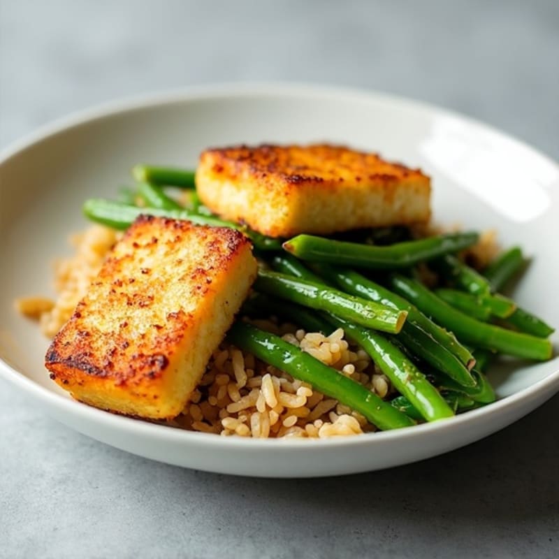Crispy Pan-Seared Tofu with Garlic Green Beans and Brown Rice