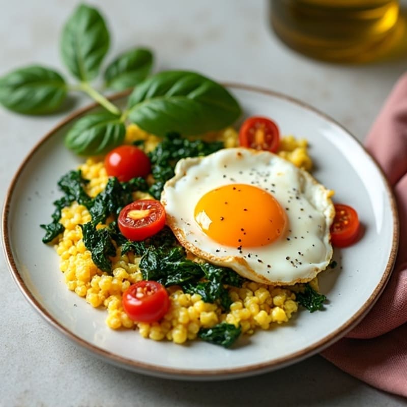 Fluffy Egg Scramble with Sautéed Spinach and Cherry Tomatoes