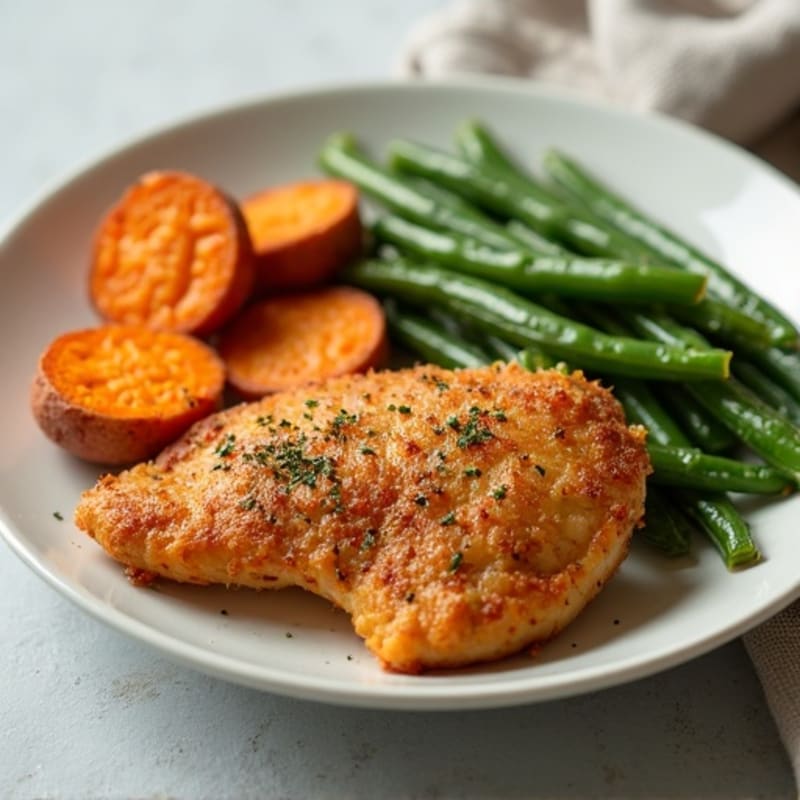 Crispy Baked Chicken with Roasted Sweet Potatoes and Green Beans
