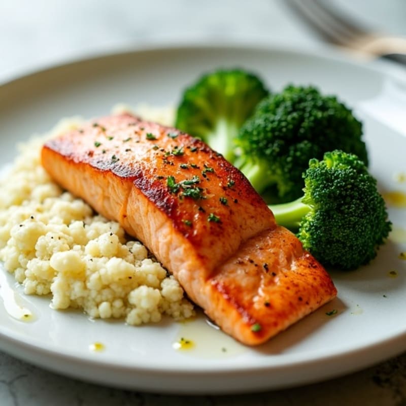 Seared Salmon with Steamed Broccoli and Garlic Cauliflower Mash