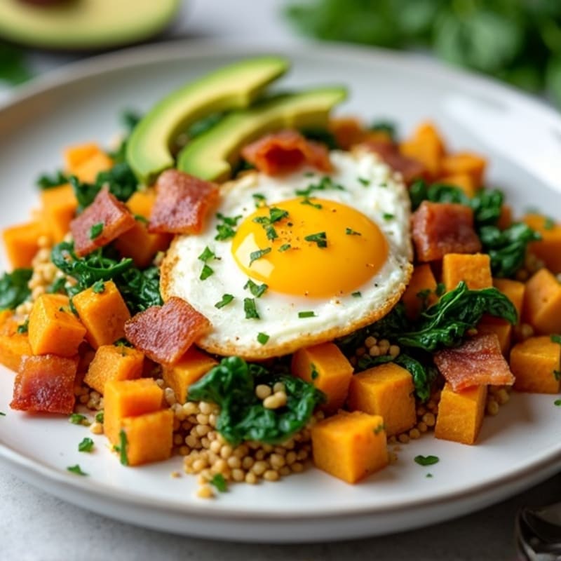 Crispy Turkey Bacon Egg White Scramble with Spinach and Sweet Potato