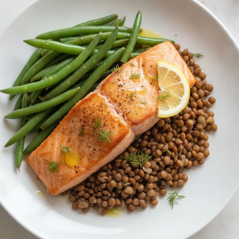 Seared Salmon with Steamed Green Beans and Lentils