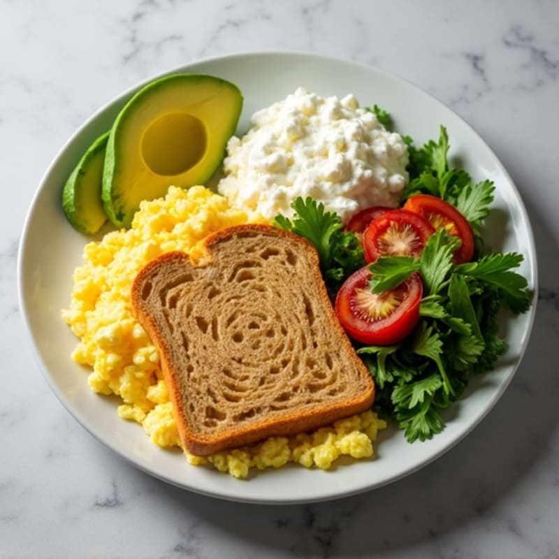 Scrambled Eggs with Turkey and Fresh Greens, Creamy Cottage Cheese, Sliced Avocado, and Whole Grain Bread