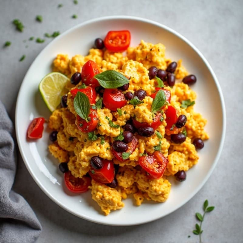 Spicy Scrambled Eggs with Black Beans and Roasted Peppers
