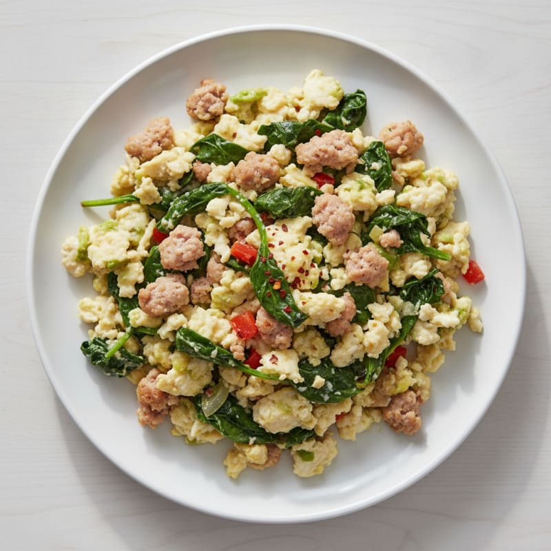 Egg White Scramble with Turkey Sausage and Sautéed Spinach