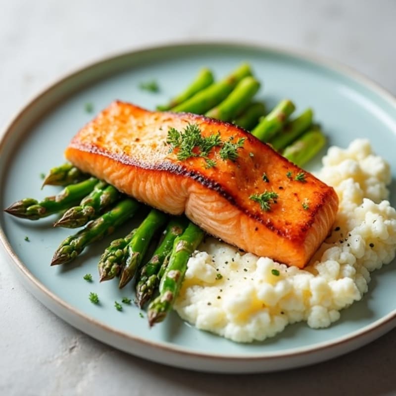 Seared Salmon Filet with Steamed Asparagus and Cauliflower Mash