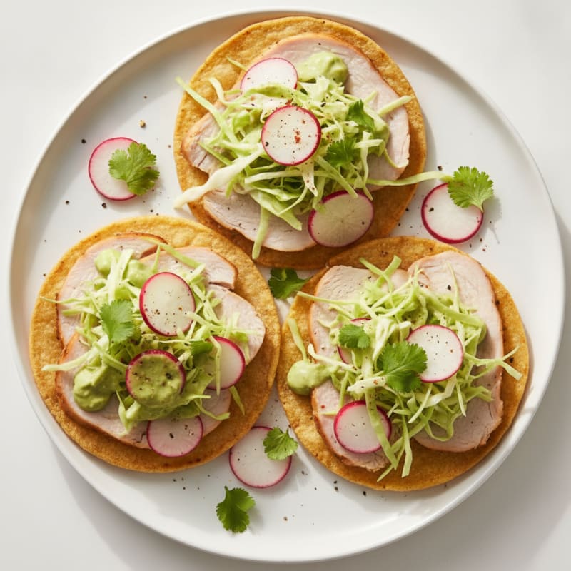 Sliced Turkey Tostadas with Avocado Crema