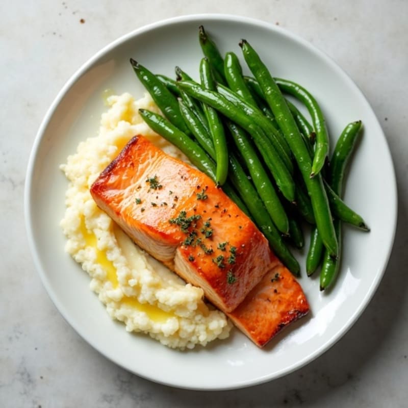 Seared Salmon with Garlic Green Beans and Cauliflower Mash