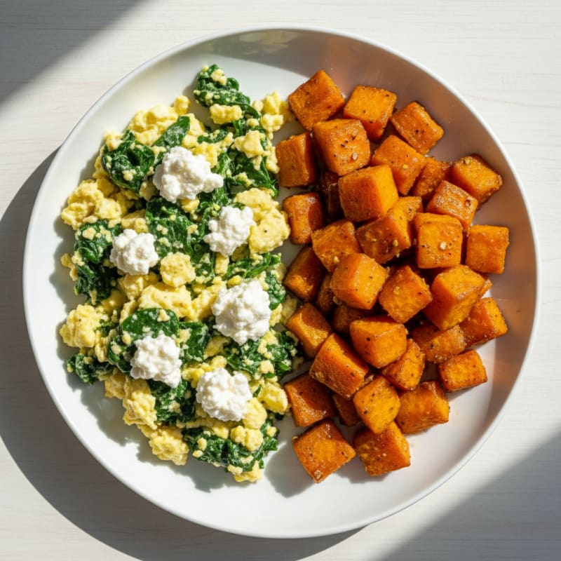 Egg White and Spinach Scramble with Cottage Cheese and Roasted Sweet Potatoes