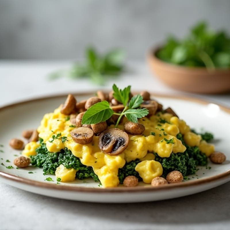 Egg White Spinach Scramble with Cottage Cheese and Sautéed Mushrooms