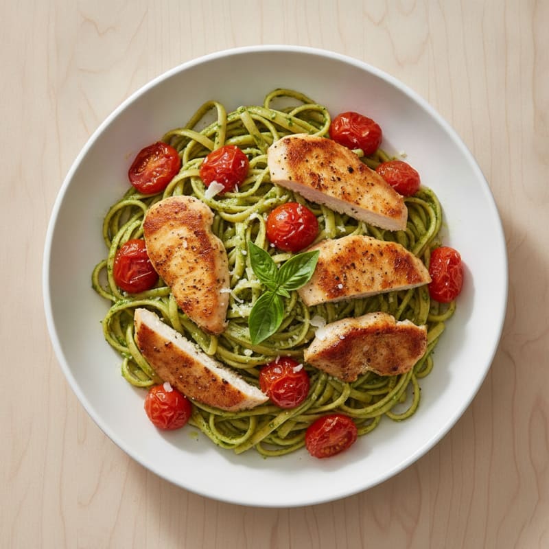 Pesto Chicken Linguine with Blistered Tomatoes