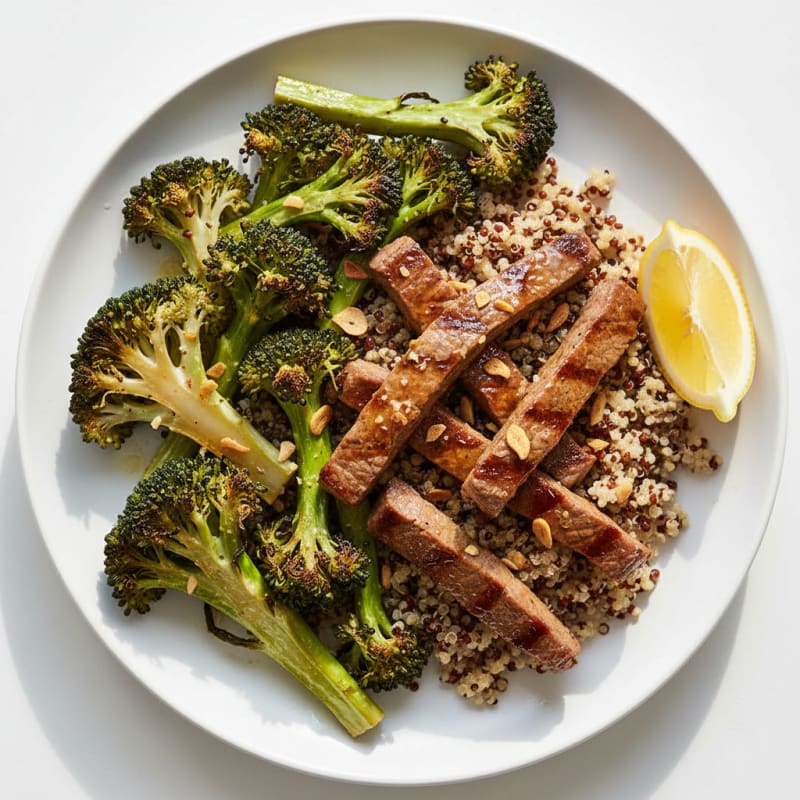 Seared Beef Strips with Roasted Broccoli and Quinoa