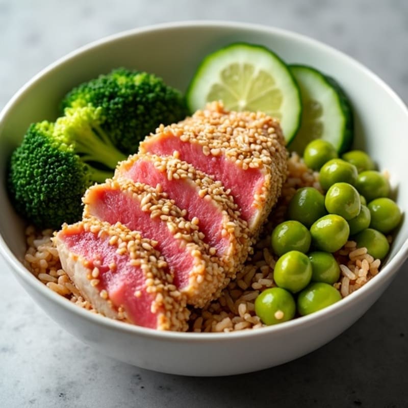 Sesame-Crusted Tuna Rice Bowl with Fresh Vegetables