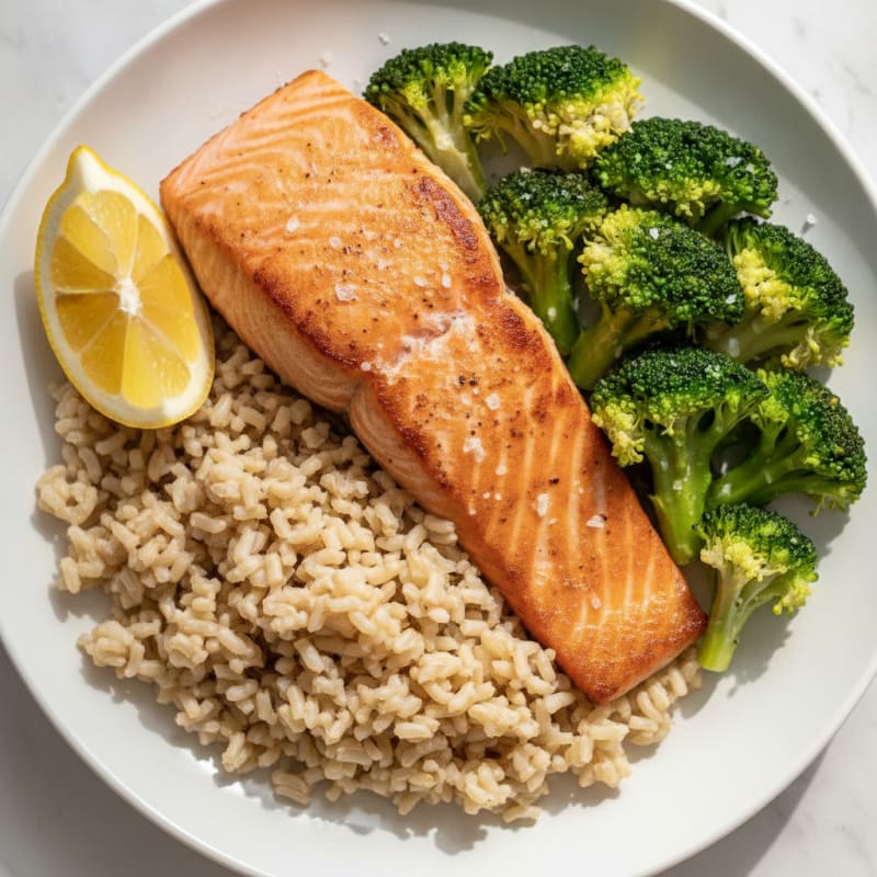 Seared Salmon with Steamed Broccoli and Brown Rice