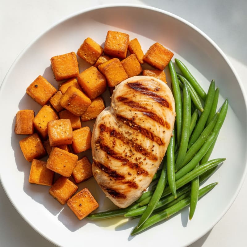 Grilled Chicken Breast with Roasted Sweet Potatoes and Steamed Green Beans