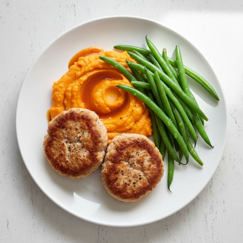 Seared Turkey Patties with Steamed Green Beans and Sweet Potato Mash