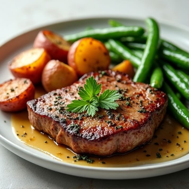 Pan-Seared Steak with Garlic Herb Roasted Potatoes and Fresh Green Beans