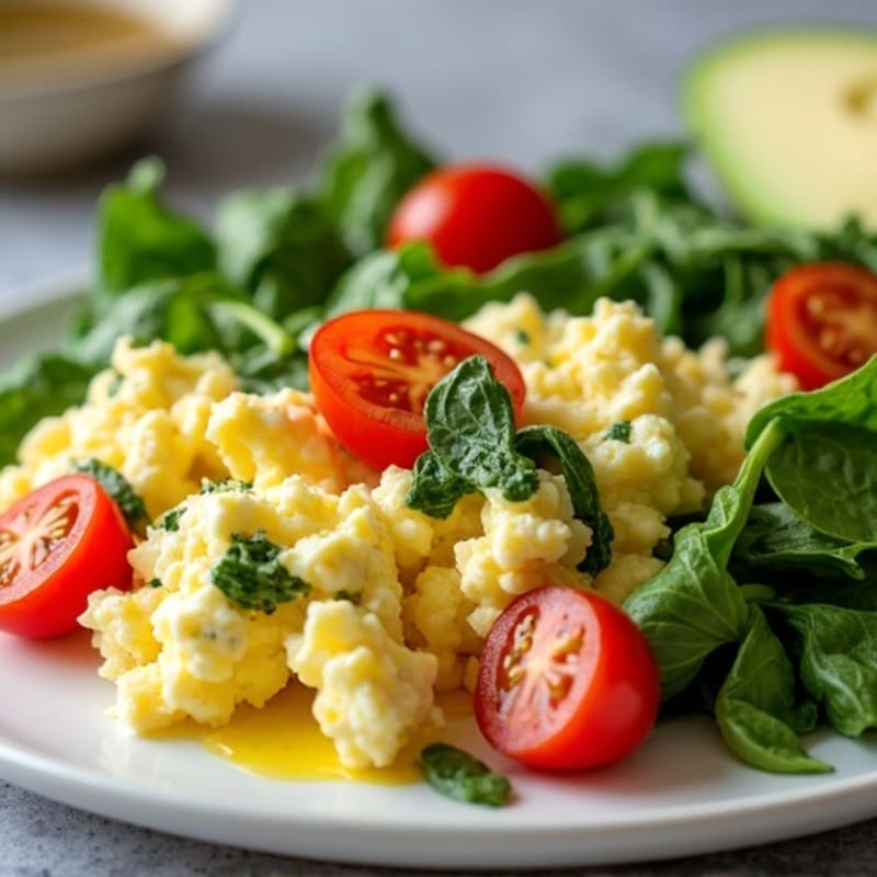 Cottage Cheese Egg White Scramble with Spinach and Cherry Tomatoes